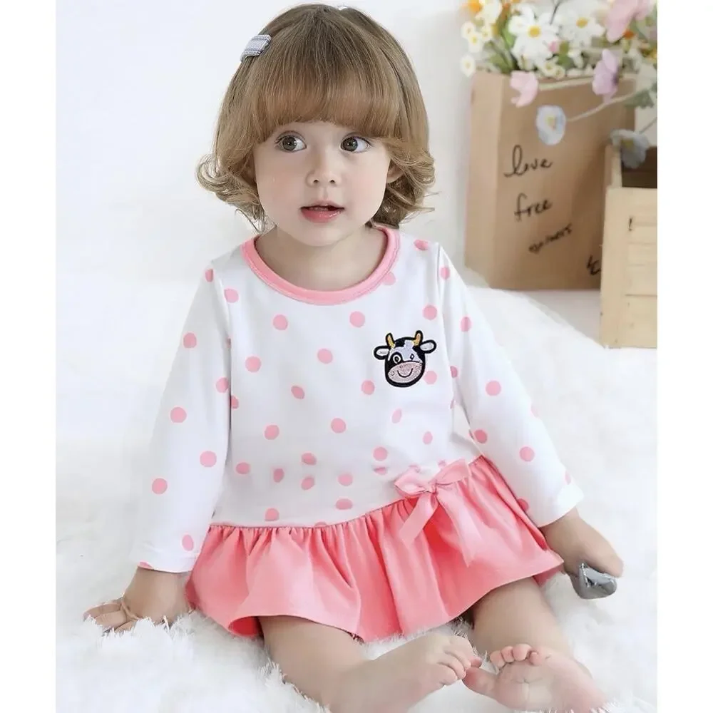 Baby Girl Soft Long Sleeve Bow Polka Dot Cow Dress 18-24 Mo